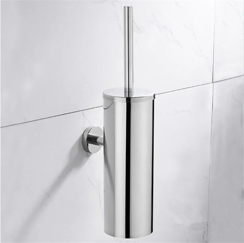 Easy-install wall-mounted toilet brush. Modern stainless steel adds a sleek, rust-resistant touch to bathrooms.