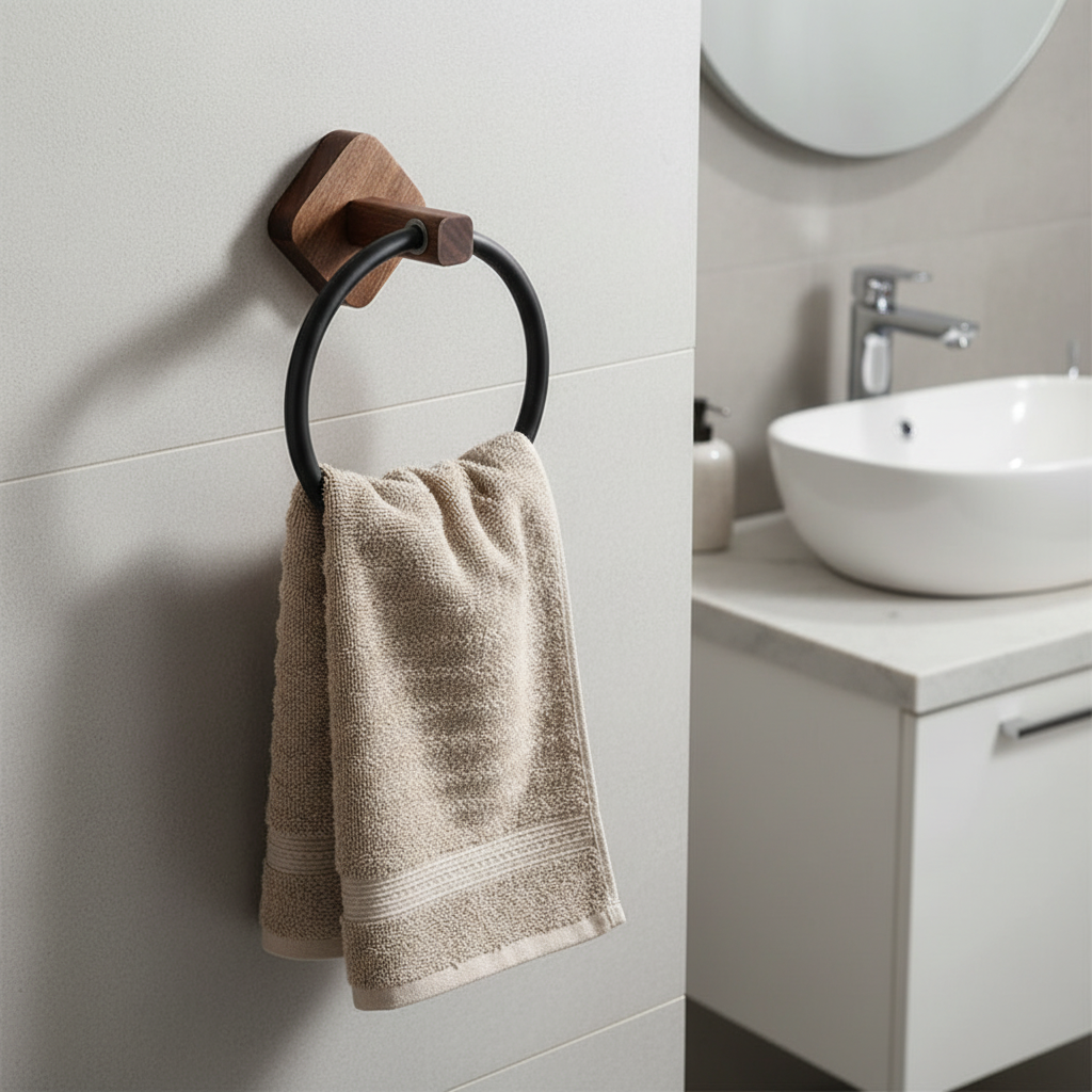 Modern wall-mounted towel ring. Scandinavian design. Features a natural wood ring and sleek aluminum bracket.