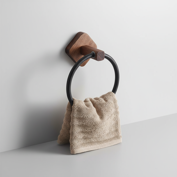 Stylish wooden towel holder with aluminum mount for bathroom. Adds modern Scandinavian decor & organization.