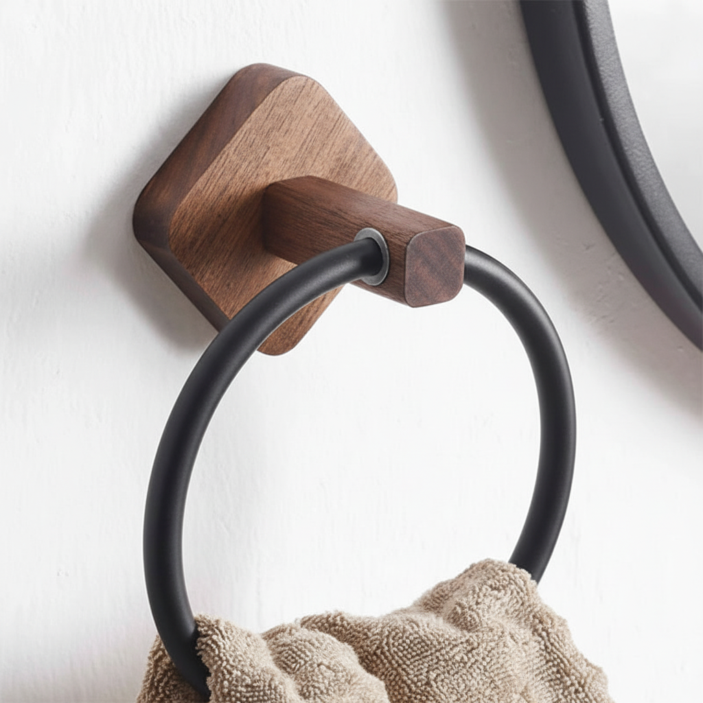 Elegant wall-mounted towel ring combining wood and aluminum. Perfect for modern bathroom decor and space-saving.