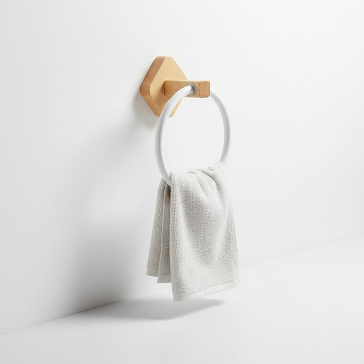 Scandinavian style wooden & aluminum towel ring mounted in a modern bathroom. Ideal for hand towel organization.