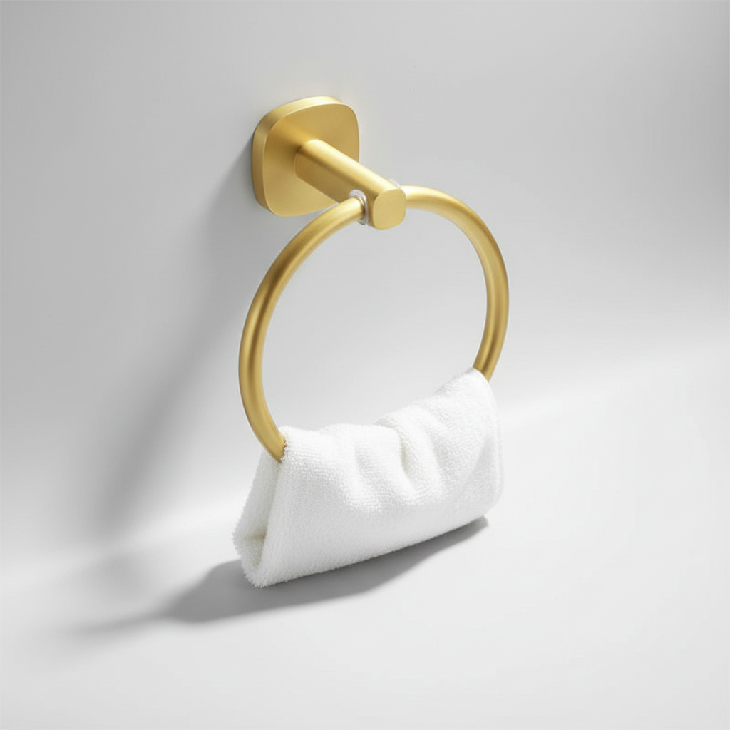 Unisex wall-mounted towel ring. Features a clean, modern design with a wooden ring & durable aluminum bracket for any bath.