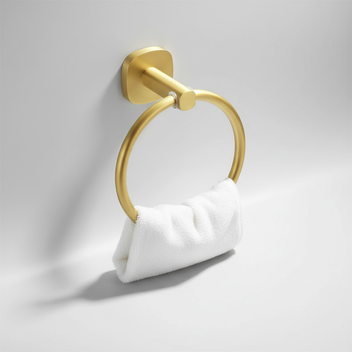 Unisex wall-mounted towel ring. Features a clean, modern design with a wooden ring & durable aluminum bracket for any bath.