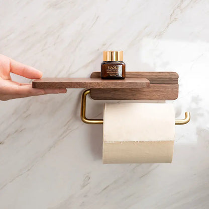 Modern walnut wood toilet paper holder with storage shelf, wall-mounted bathroom organizer & decor.