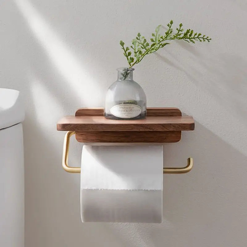 Space-saving wall mount toilet paper holder with shelf for modern bathroom storage & essentials.