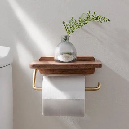 Space-saving wall mount toilet paper holder with shelf for modern bathroom storage & essentials.