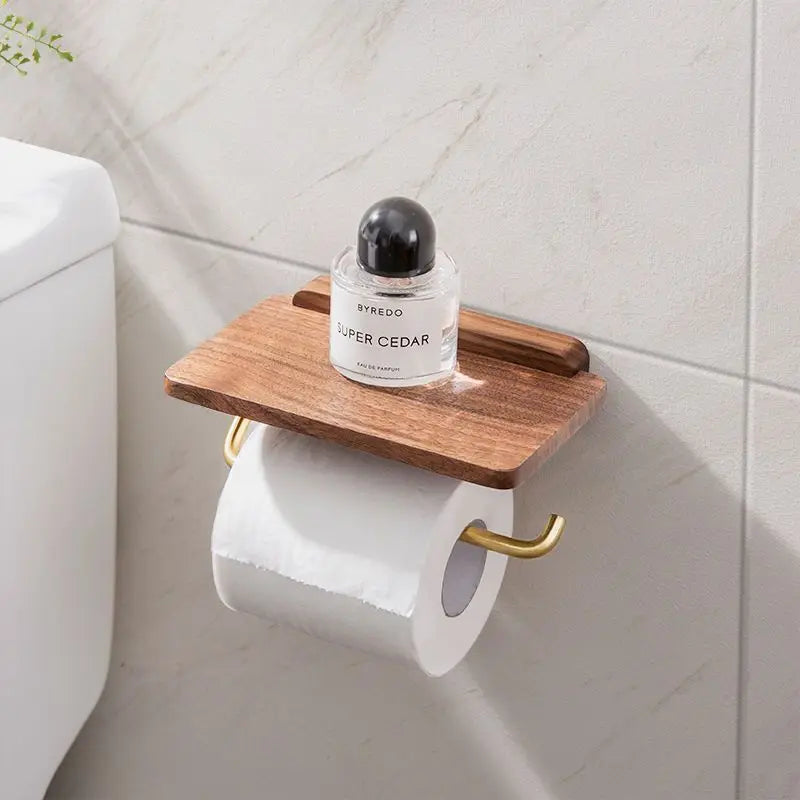 Elegant walnut wood toilet paper roll holder & storage shelf; perfect modern bathroom accessory.