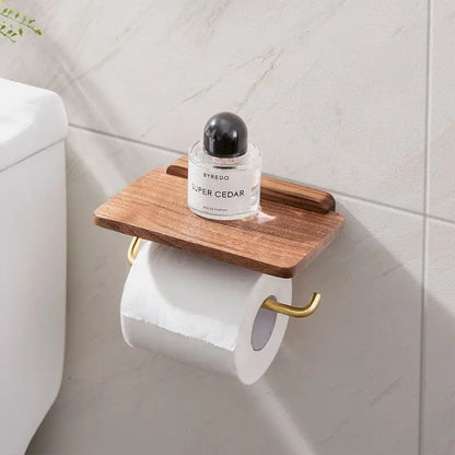 Elegant walnut wood toilet paper roll holder & storage shelf; perfect modern bathroom accessory.