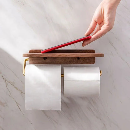 Modern wall-mounted toilet paper holder with practical walnut wood shelf for bathroom storage.