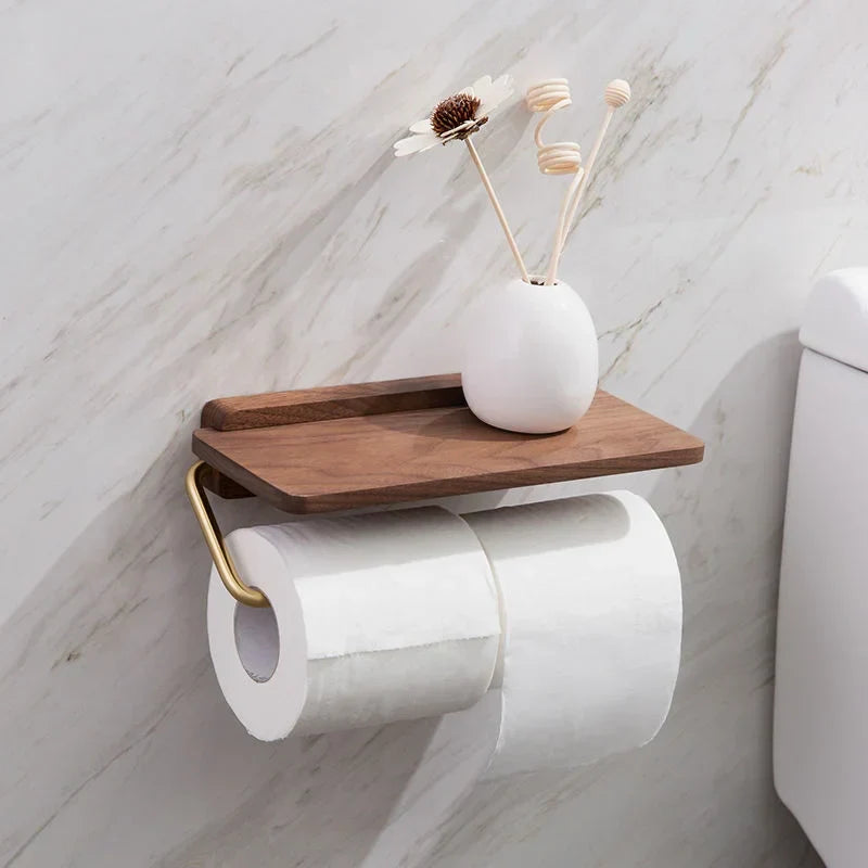 Sleek toilet paper holder with wood shelf, a modern bathroom accessory for wall mount storage.