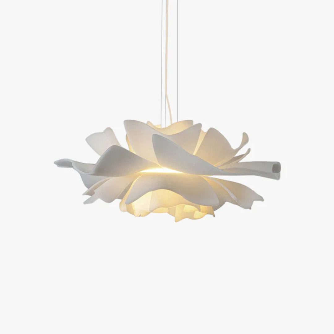 Modern white metal flower pendant lamp, acrylic shade. Elegant home lighting, contemporary design.