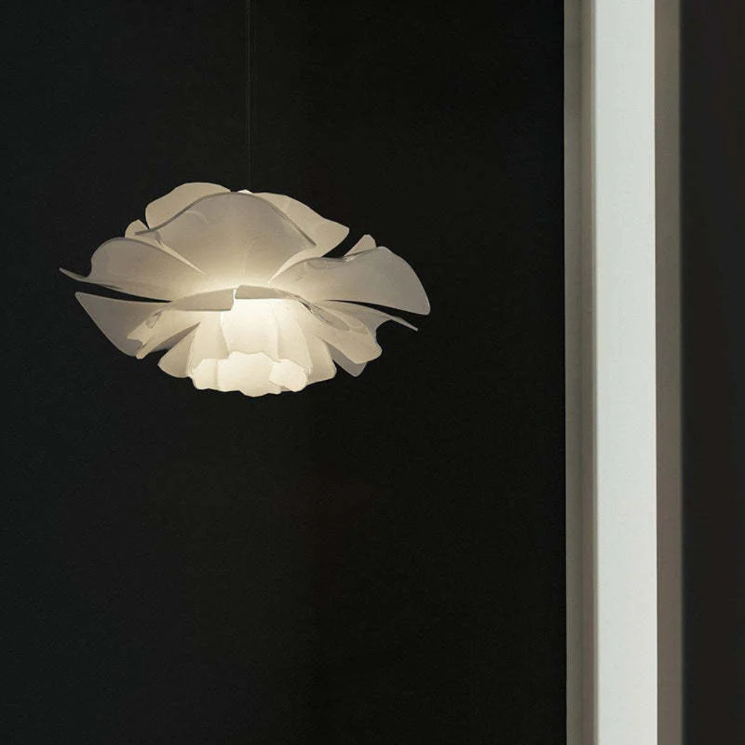 Unique flower shape white metal pendant lamp. Contemporary ceiling light, modern home decor accent.