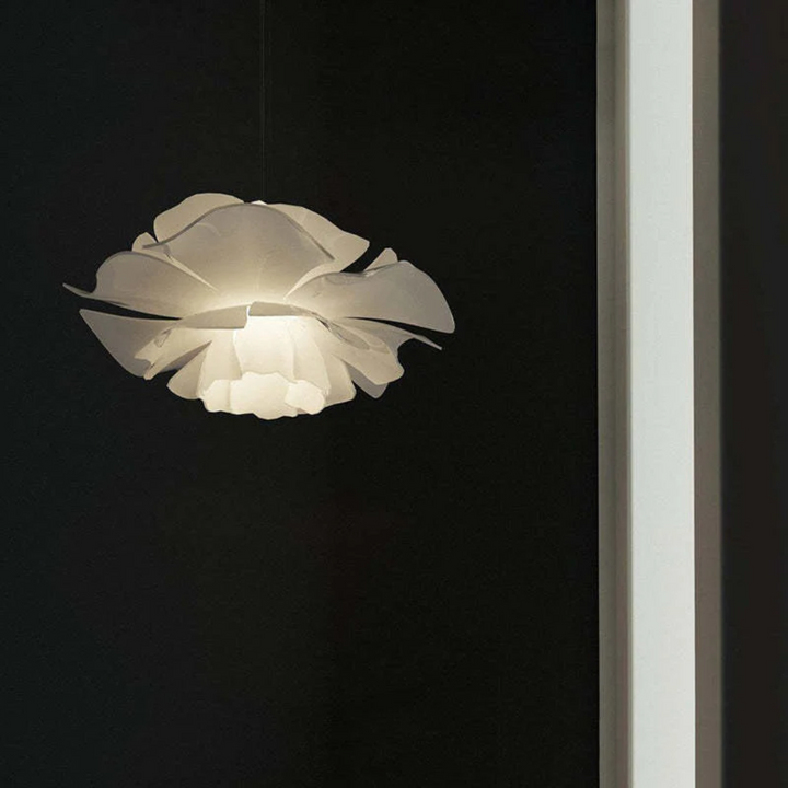 Unique flower shape white metal pendant lamp. Contemporary ceiling light, modern home decor accent.