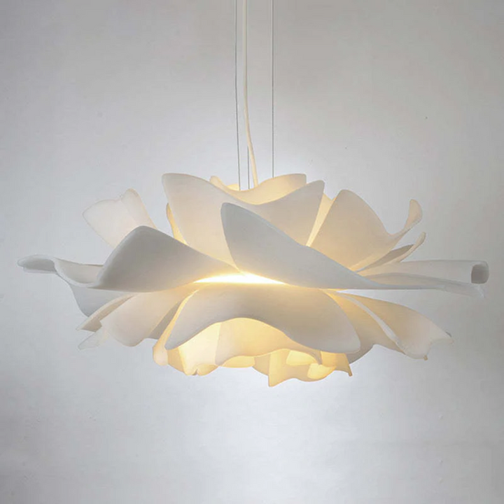 Sophia modern white metal flower pendant lamp. Elegant adjustable lighting for living or dining spaces.
