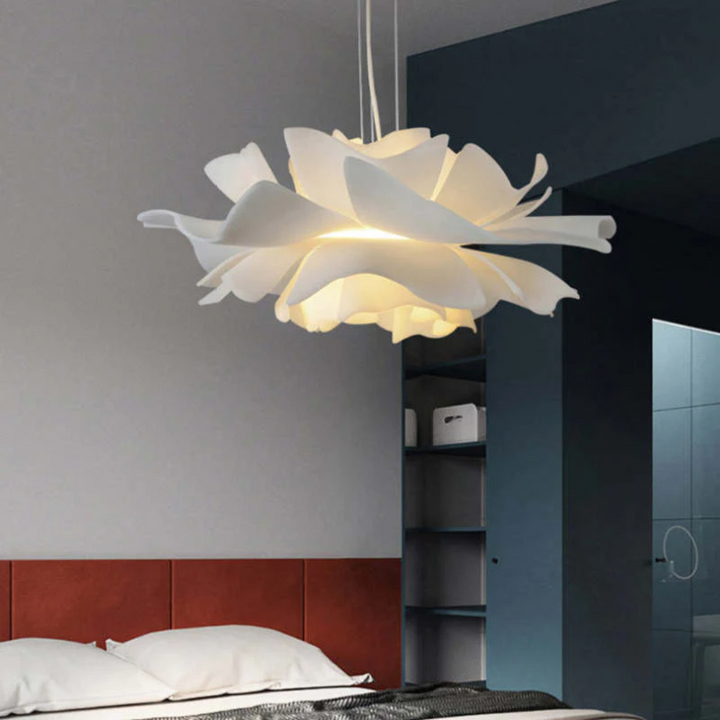 Sophia modern white metal flower pendant lamp. Stylish contemporary ceiling light for home decor.