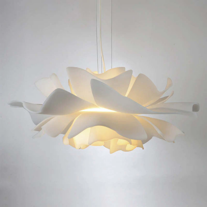 Contemporary white metal flower pendant lamp with acrylic shade. Ideal modern lighting for any room.