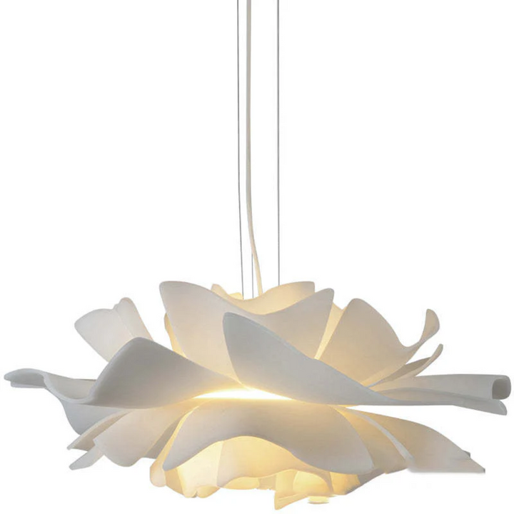 White metal flower design pendant lamp. Sleek modern lighting fixture for stylish home interiors.