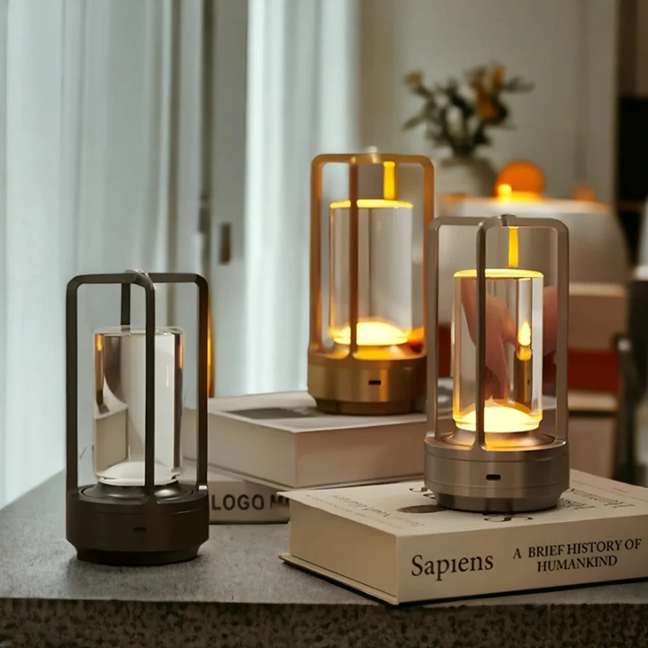Elegant crystal LED table lamp, wireless and dimmable. Rechargeable modern lighting for stylish home decor.