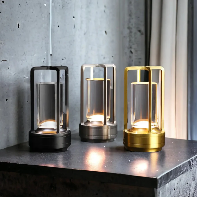Rechargeable LED table lamp with dimmable light. Wireless, modern Scandinavian design, ideal for home mood lighting.