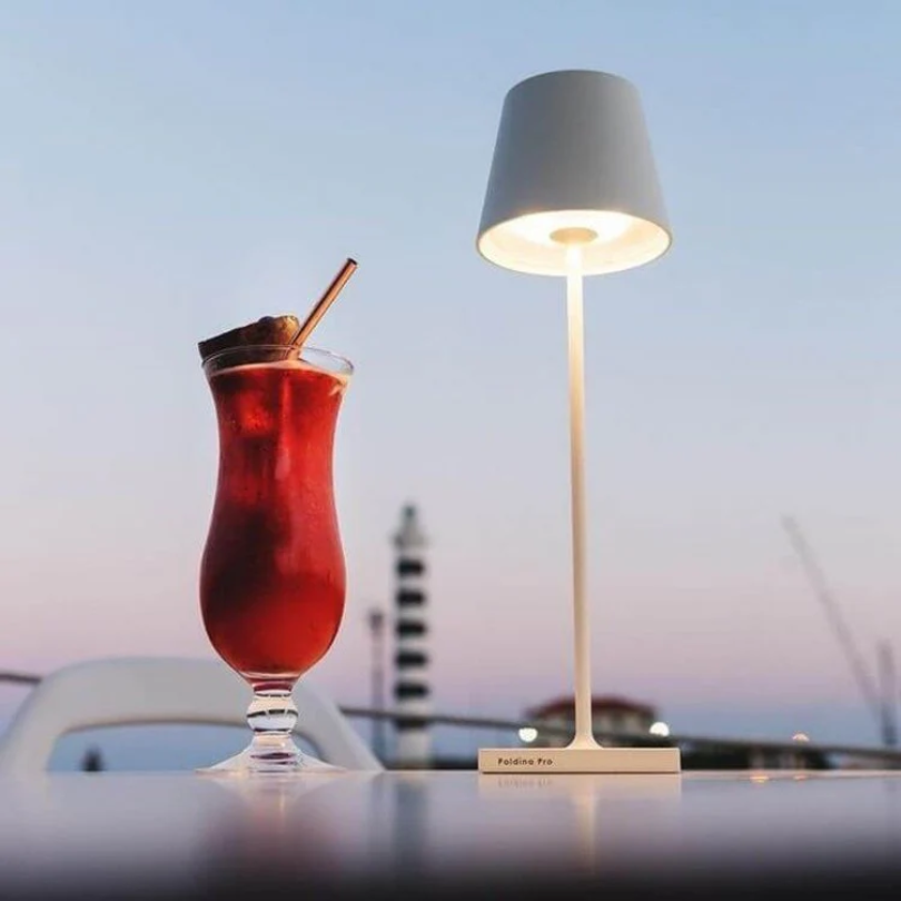 Stylish LED table lamp, rechargeable & touch-sensitive, for modern homes.