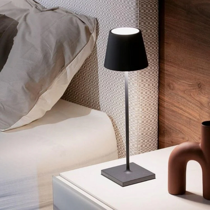 Touch-sensitive LED lamp for modern desks, portable & rechargeable.