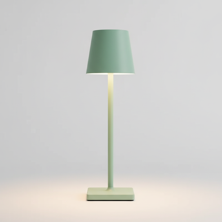 Convenient portable wireless LED table lamp, dimmable & rechargeable for flexible lighting.