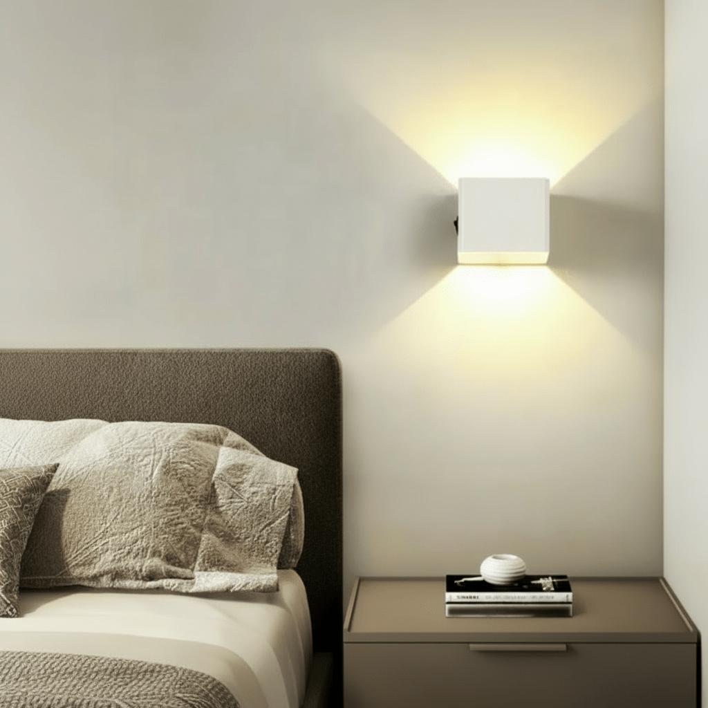 Adjustable beam LED wall light, wireless and contemporary, creating ambient interior lighting.