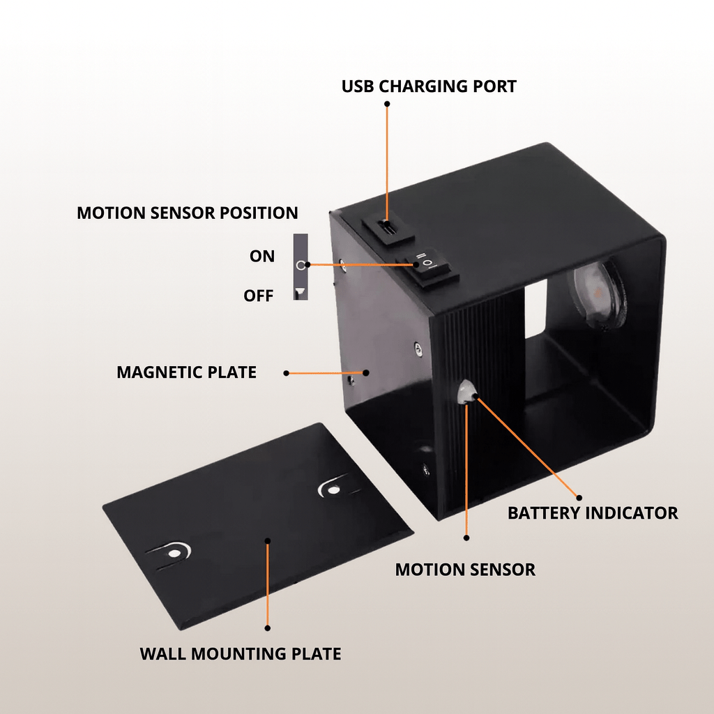 Energy-efficient LED wall light with adjustable beam, wireless and modern for versatile home decor.