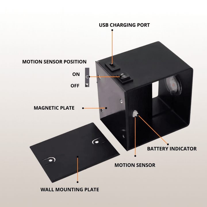 Energy-efficient LED wall light with adjustable beam, wireless and modern for versatile home decor.