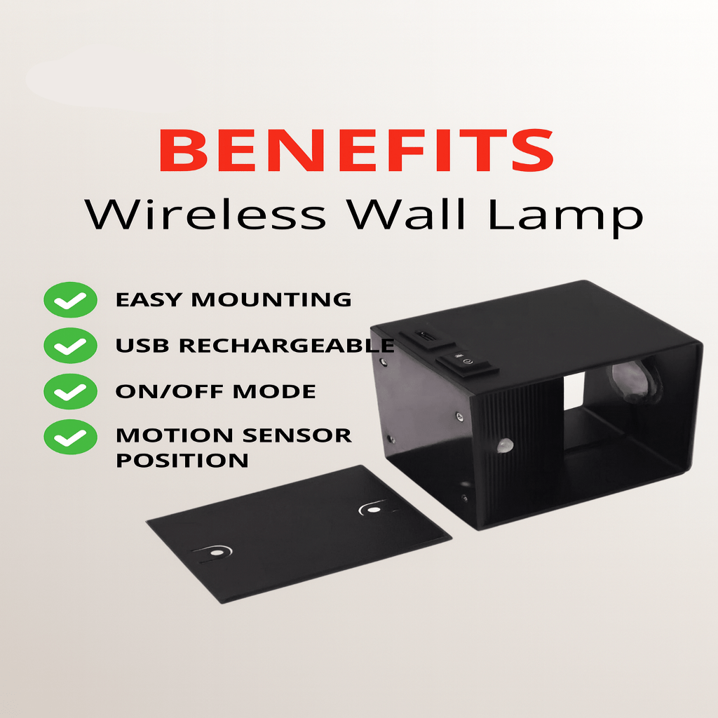 Easy-install wireless LED wall light, rechargeable with adjustable beam for adaptable ambient lighting.