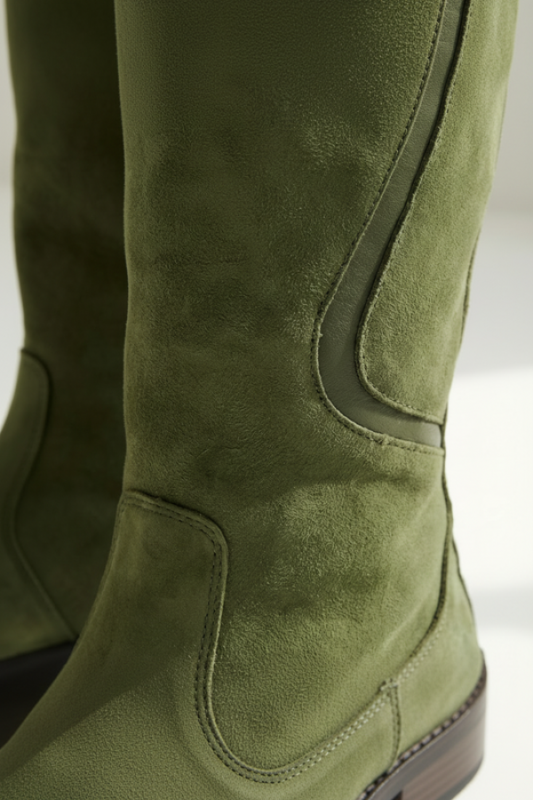 Close-up of the durable stable sole on modern women's knee-high boots, ideal for comfort and grip.