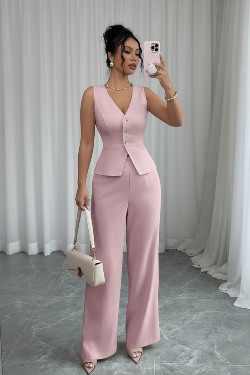Versatile women's waistcoat & wide-leg pants set, ideal for spring/summer fashion, business or casual.