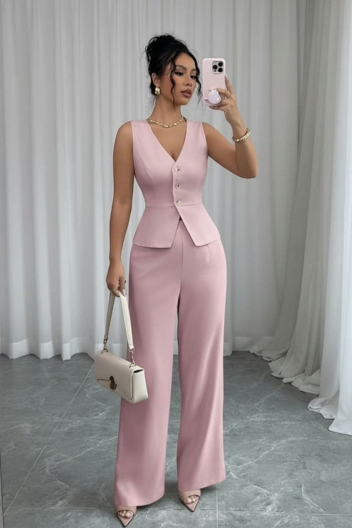 Versatile women's waistcoat & wide-leg pants set, ideal for spring/summer fashion, business or casual.