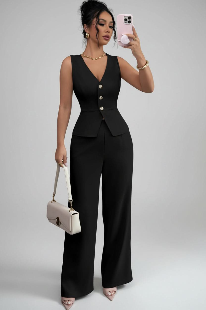 Tailored women's fashion set featuring a chic waistcoat and modern wide-leg trousers for a sleek style.