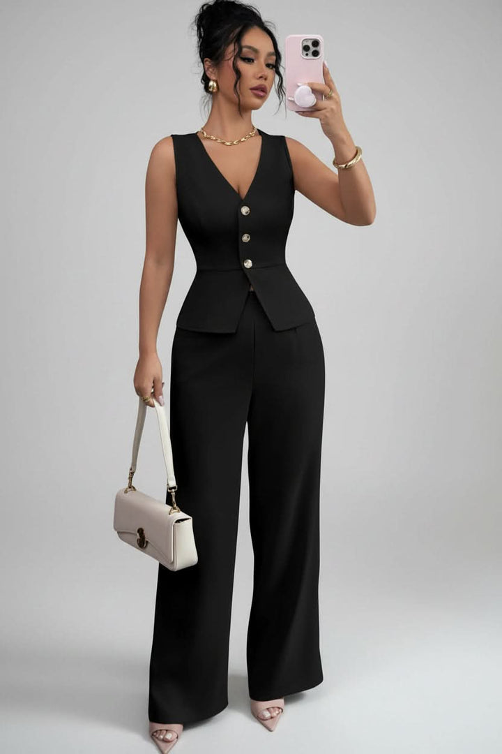Tailored women's fashion set featuring a chic waistcoat and modern wide-leg trousers for a sleek style.