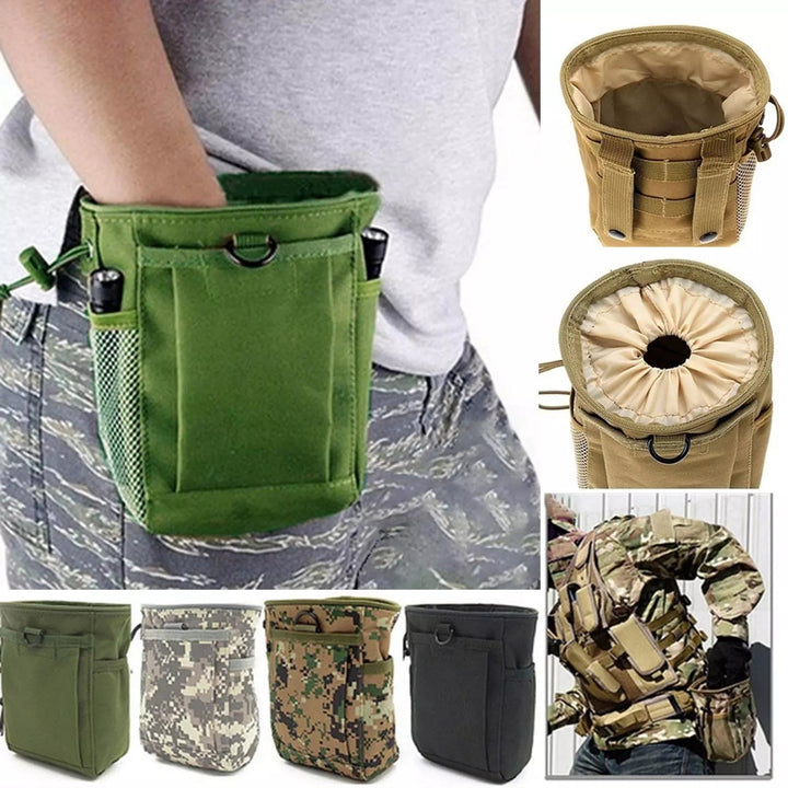 Compact OD green MOLLE dump pouch securely attached to a tactical belt, ready for EDC gear.