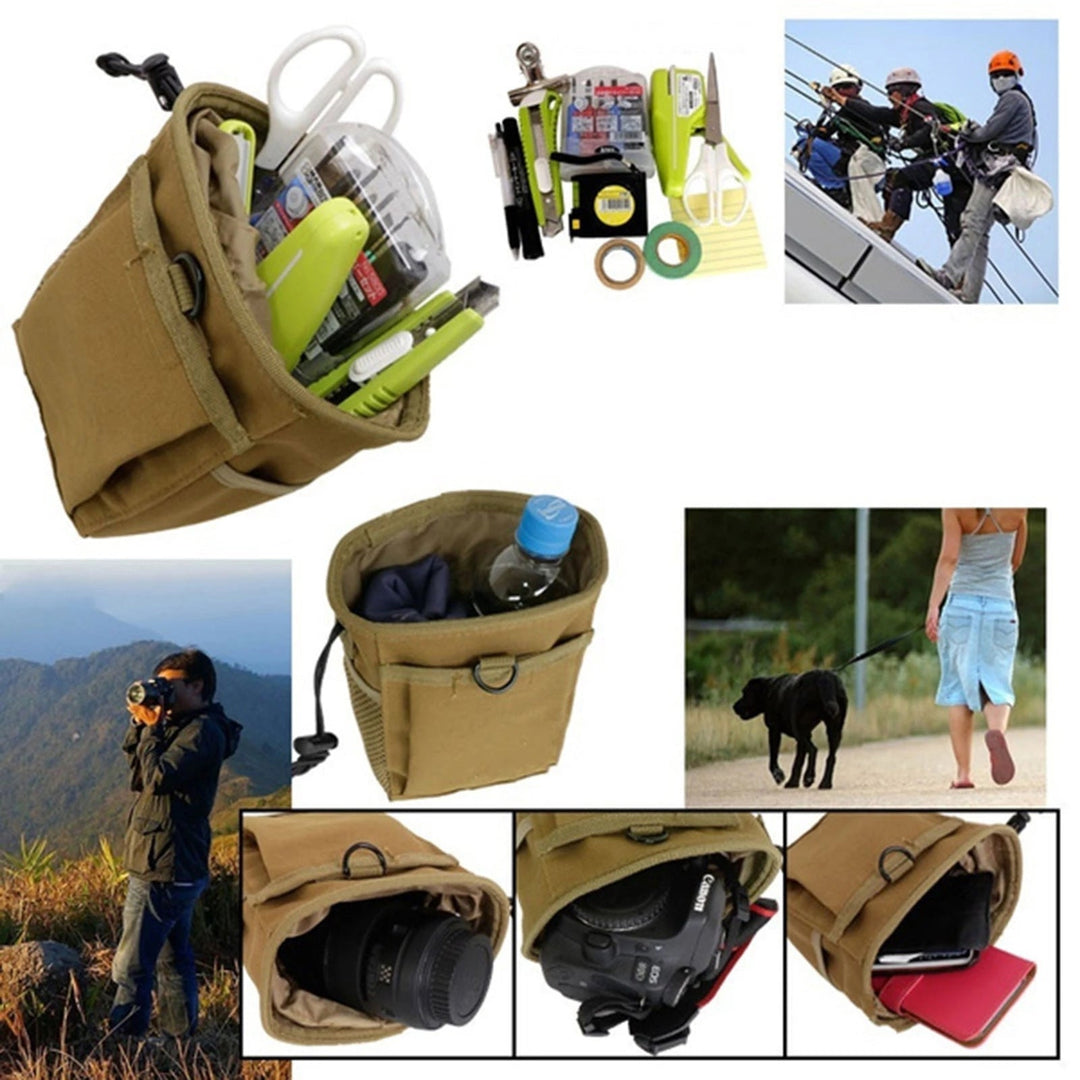 Foldable khaki MOLLE magazine dump pouch, ideal for quick access during airsoft or hunting.