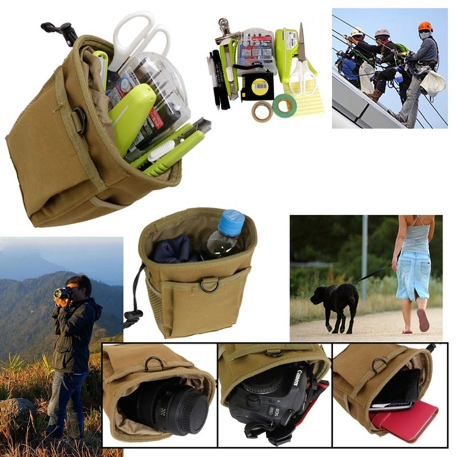 Foldable khaki MOLLE magazine dump pouch, ideal for quick access during airsoft or hunting.