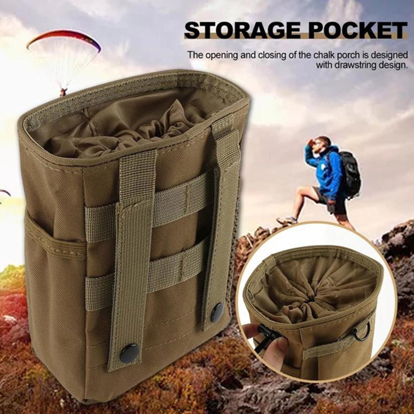 Close-up of a MOLLE dump pouch attachment system, showcasing secure webbing for tactical bags.