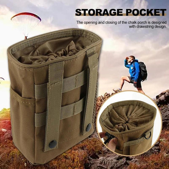 Close-up of a MOLLE dump pouch attachment system, showcasing secure webbing for tactical bags.