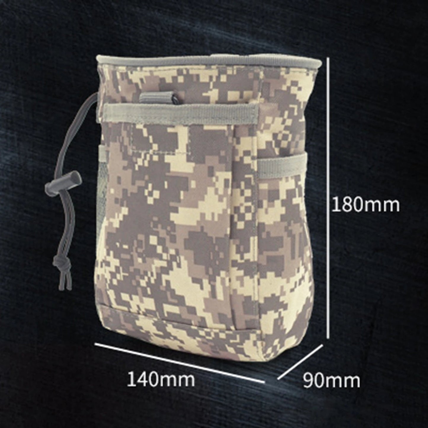 Black MOLLE dump pouch with drawstring closure, perfect for securing magazines or small outdoor items.