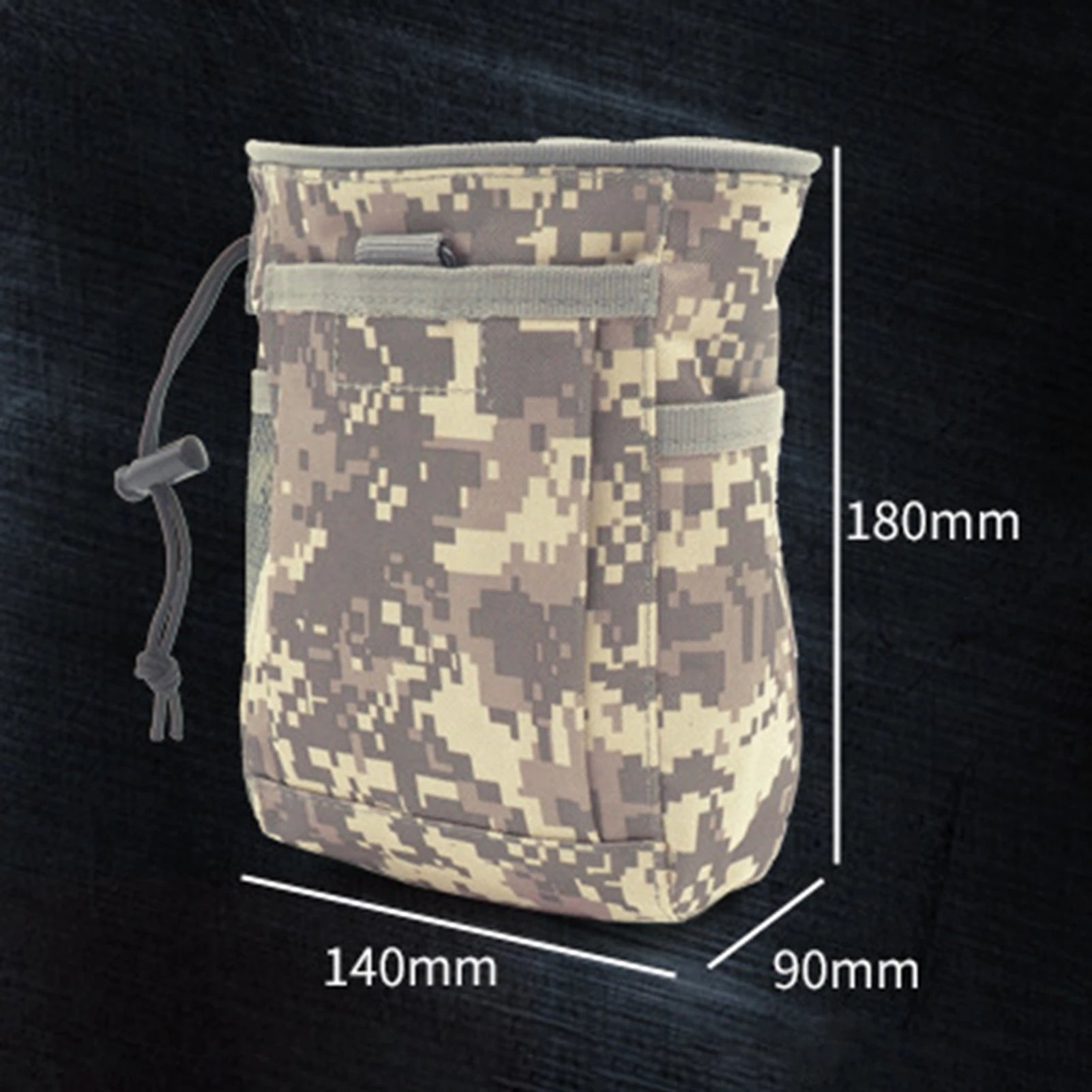 Black MOLLE dump pouch with drawstring closure, perfect for securing magazines or small outdoor items.
