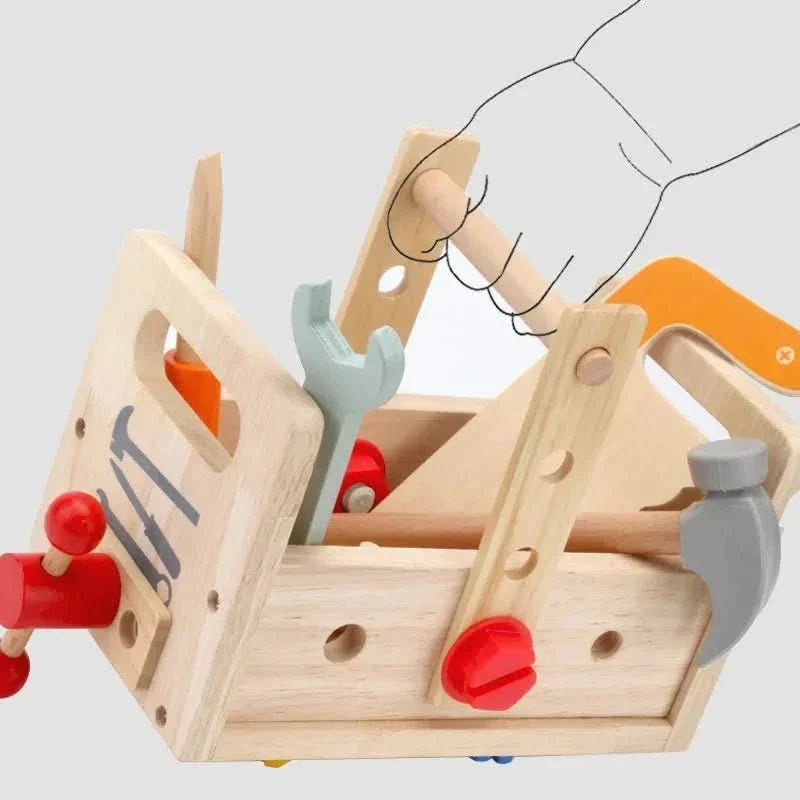 Kids building set with wooden tools for creative construction & imaginative pretend play.