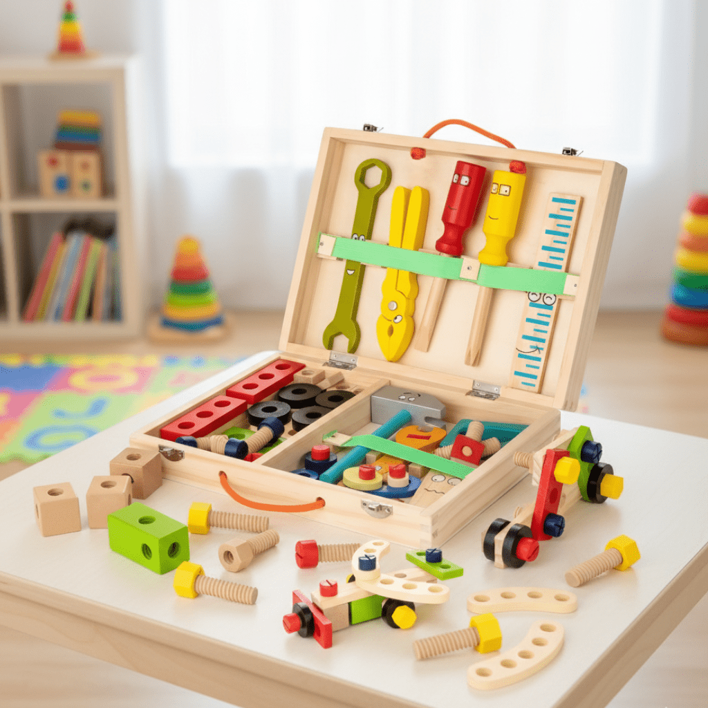 Montessori wooden tool set for kids. Educational building toys for toddlers & preschoolers to develop fine motor skills.