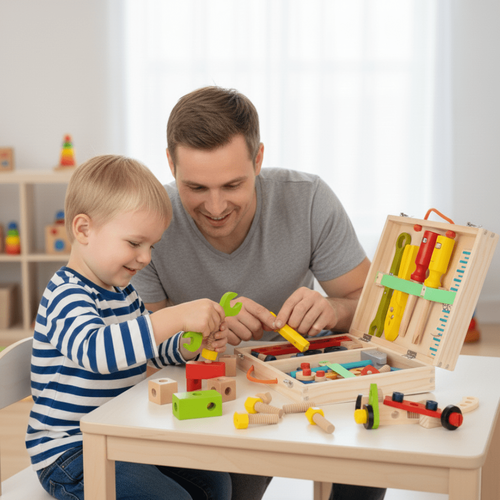 Kids playing with Montessori wooden tool set, building & developing fine motor skills. Educational toddler toys.