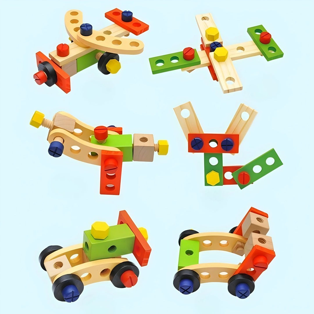 Kids' wooden construction toy set with tools. Montessori building toys for creative play & preschool learning.
