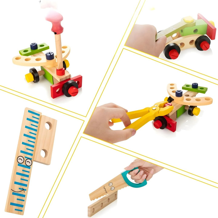 Educational wooden tool set, perfect for developing kids' fine motor skills & problem-solving through pretend play.