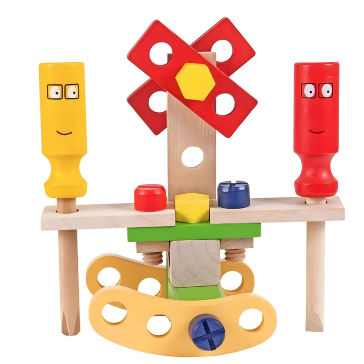 Full layout of a Montessori wooden tool set with nuts, bolts & tools. Ideal for kids' building & learning.