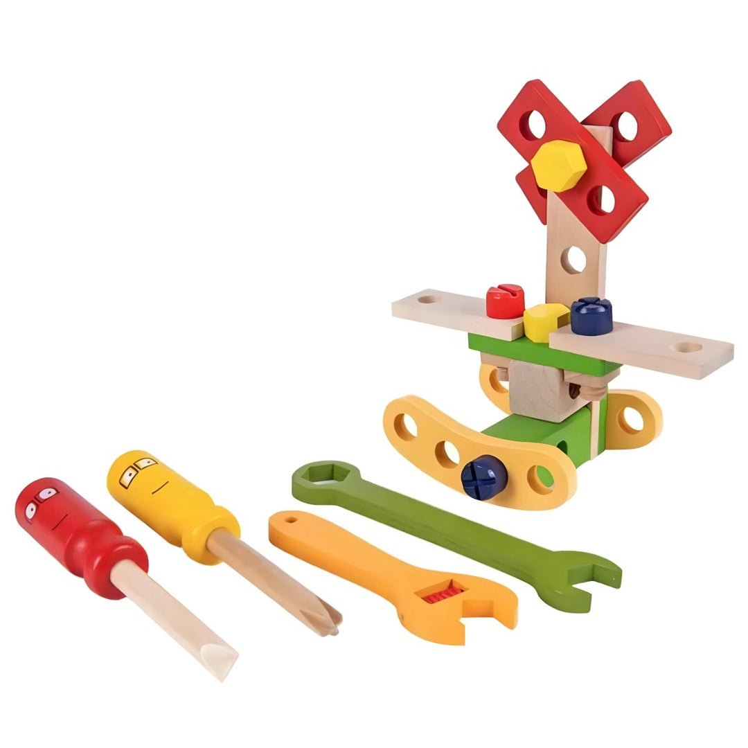 Toddler enjoying a wooden Montessori tool set, engaging in construction play. Develops fine motor skills & creativity.