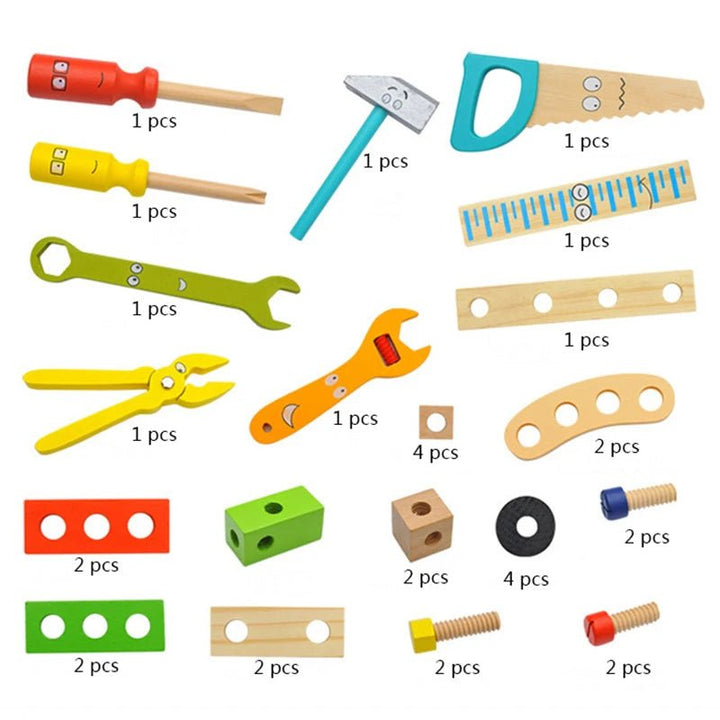 Brightly colored wooden tools & components from a Montessori set. Encourages imaginative building & early learning.